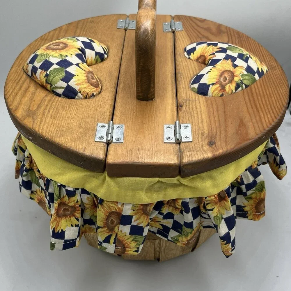 Vintage Half Bushel Sewing Picnic Basket Wooden Handle Sunflower Fabric Lined
